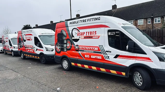 Fleet of ASAP Tyres 247 mobile tyre fitting vans
